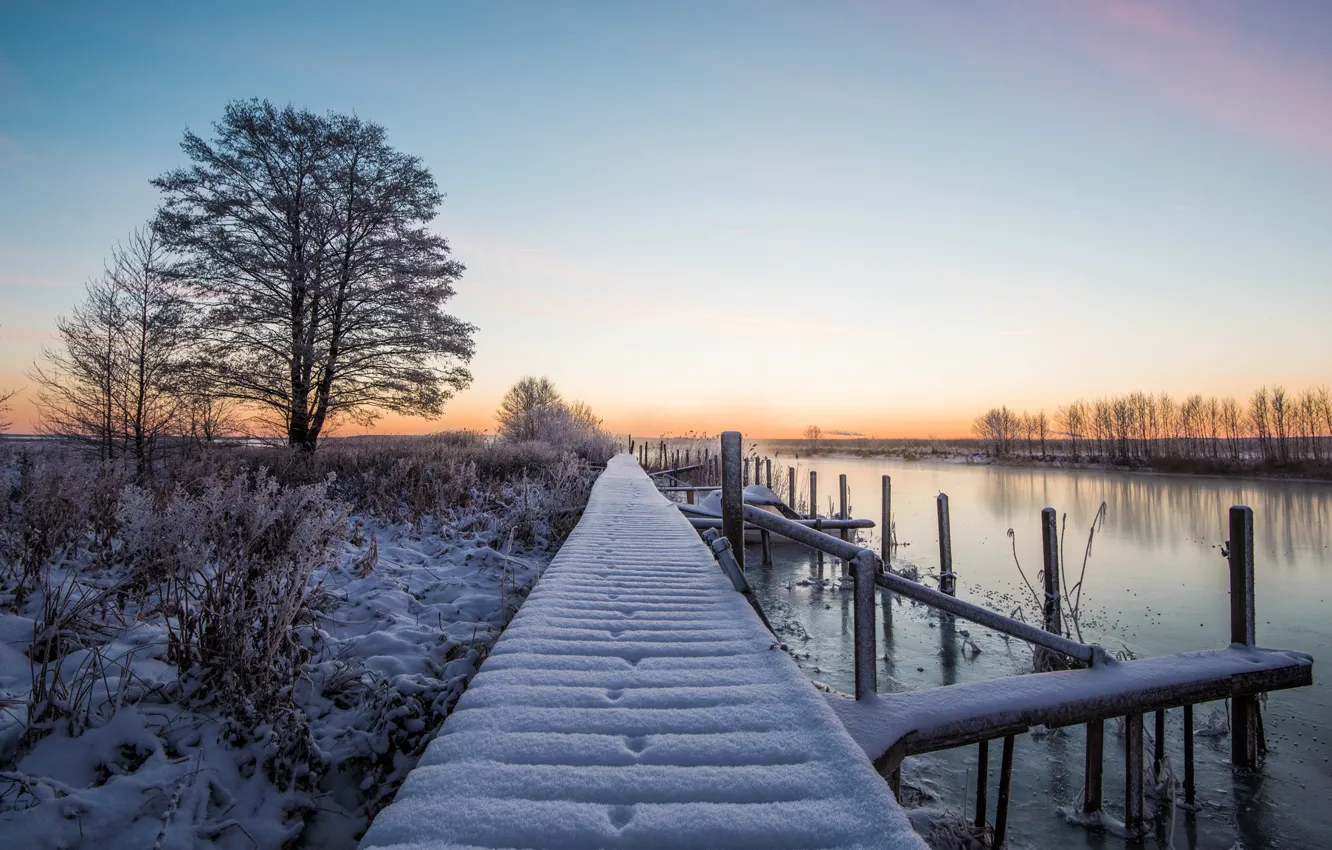 Photo wallpaper winter, snow, bridge, river