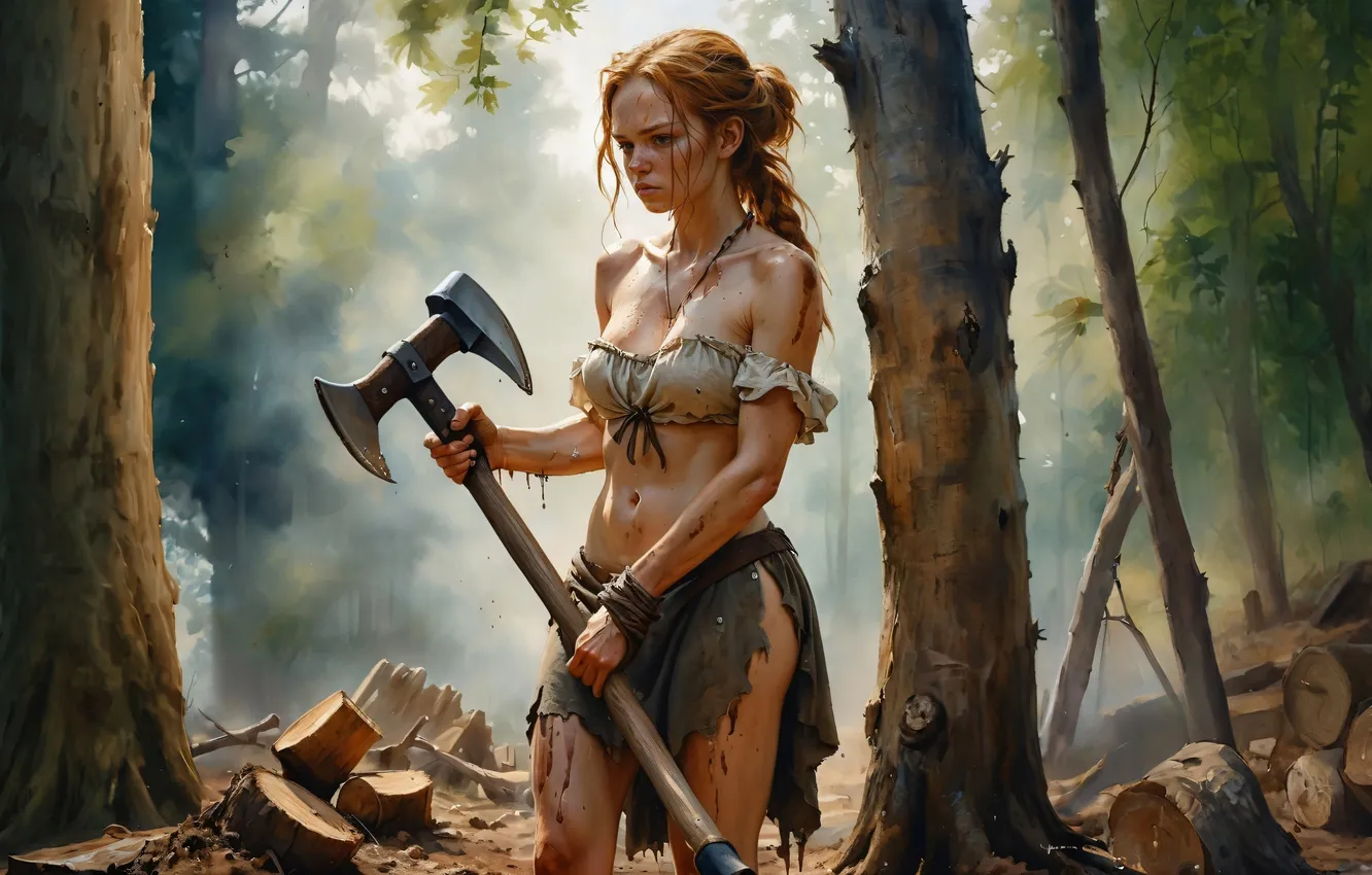 Photo wallpaper axe, girl, forest, weapon, Savage, AI Art