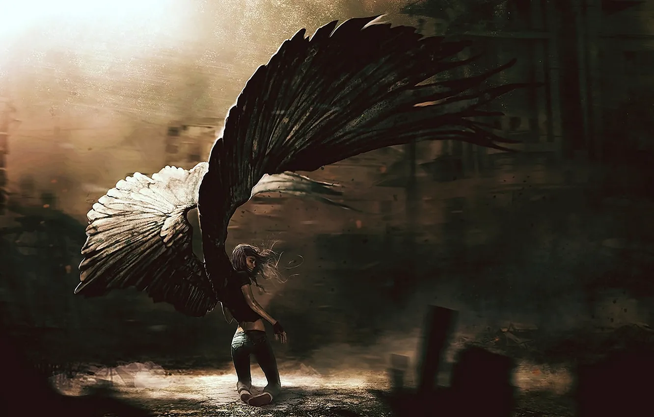 Photo wallpaper girl, the darkness, wings, shadows, wings, angel
