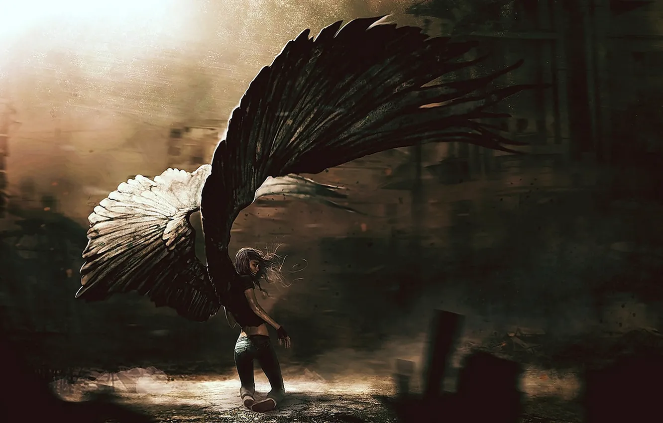 Photo wallpaper girl, the darkness, wings, shadow, wings, angel