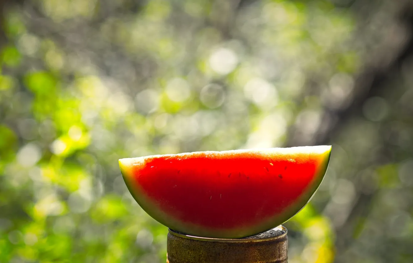 Photo wallpaper light, red, watermelon, slices, glows, piece, bokeh