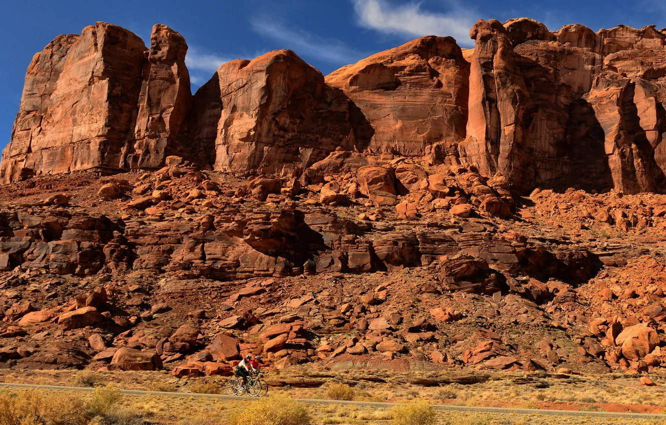 Photo wallpaper the sky, mountains, bike