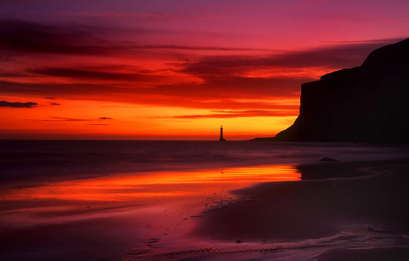 Photo wallpaper sea, the sky, clouds, rocks, shore, lighthouse, the evening, tide