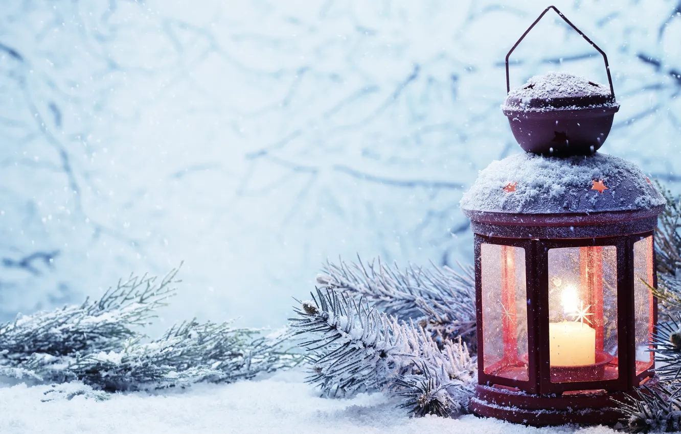 Photo wallpaper winter, snow, candle, lantern, New year, new year, winter, snow