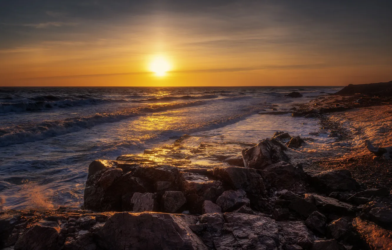 Photo wallpaper sunset, shore, The white sea, Igor Abroskin, Cape Ship