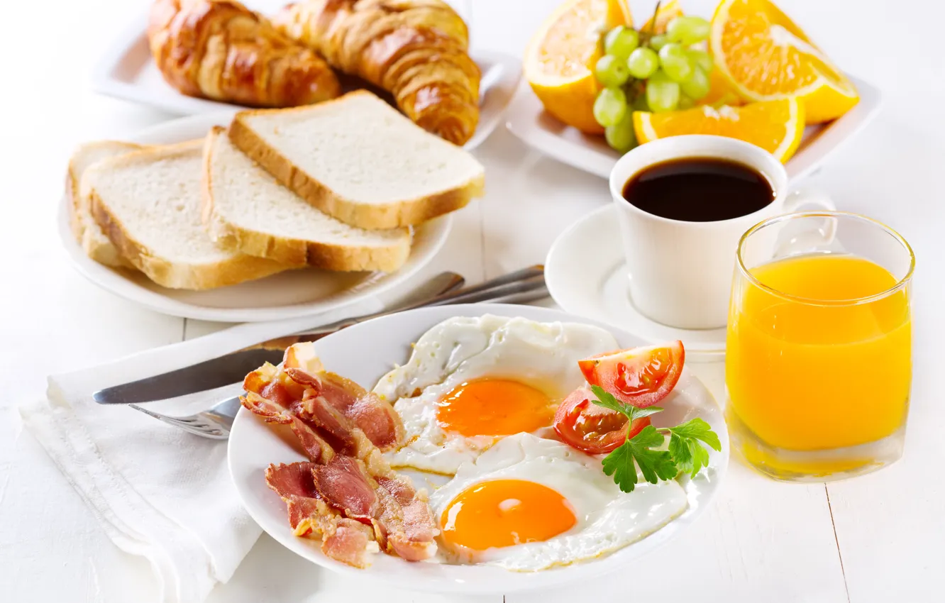 Photo wallpaper coffee, Breakfast, fruit, scrambled eggs, cup, bacon, eggs, coffee