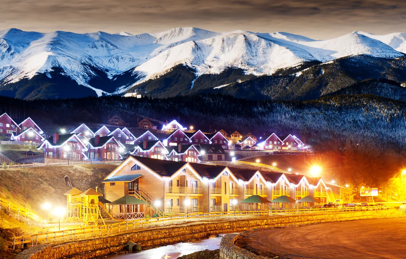 Photo wallpaper winter, forest, clouds, mountains, night, lights, village, house