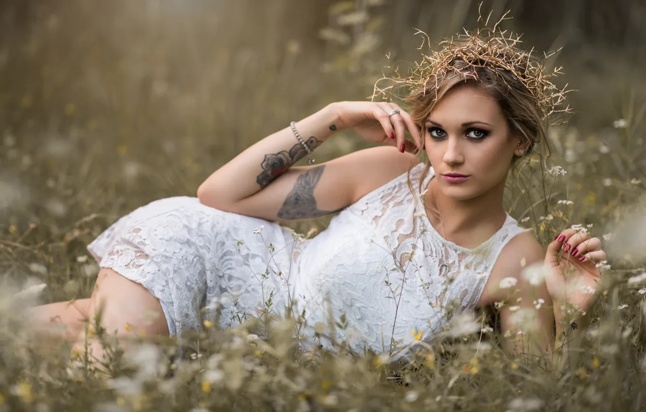 Photo wallpaper look, girl, flowers, pose, dress, tattoo, meadow, wreath