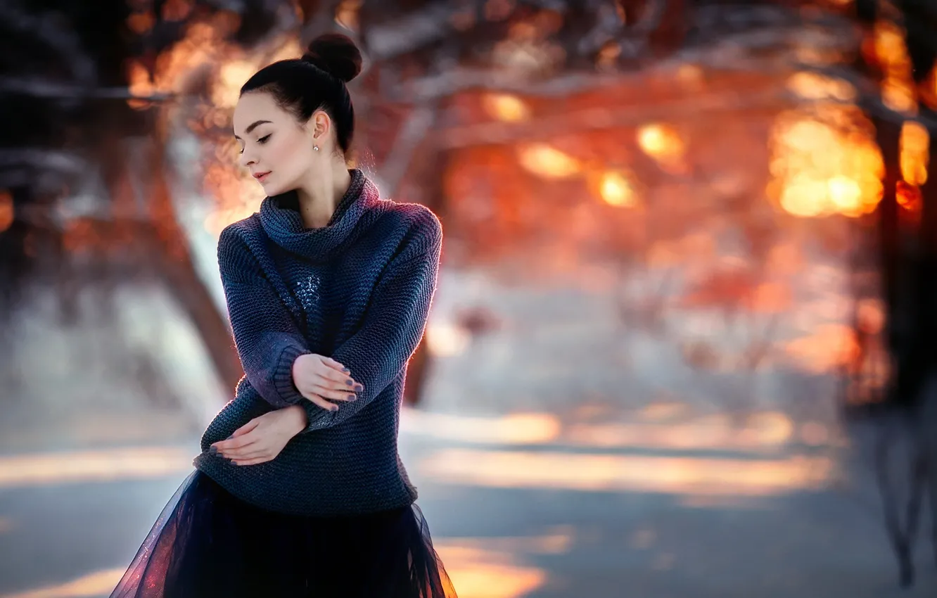 Photo wallpaper winter, girl, snow, sweater, bokeh, Anna Melnikova