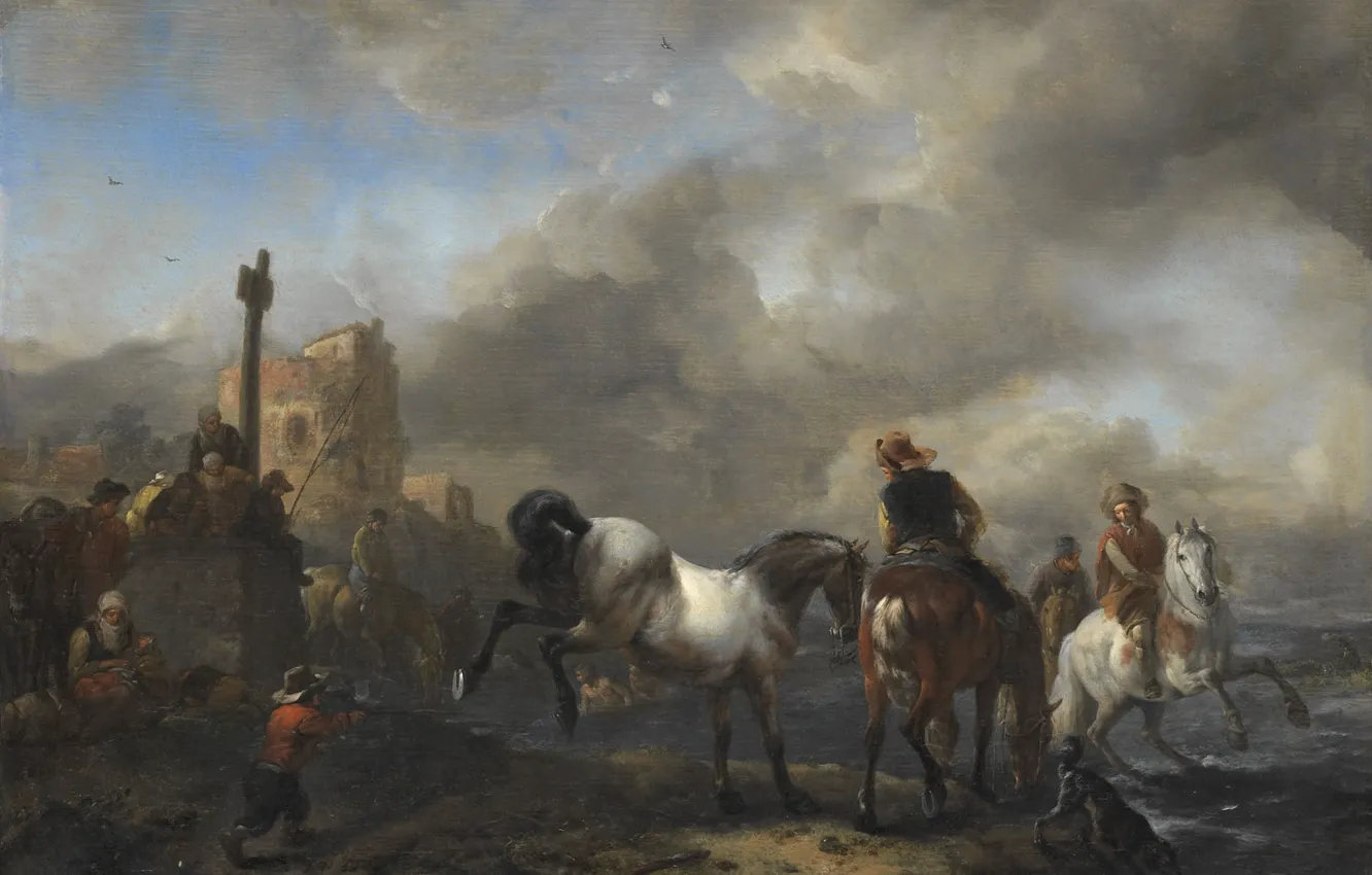 Photo wallpaper trees, landscape, oil, picture, Philips Bowerman, Riders at the River