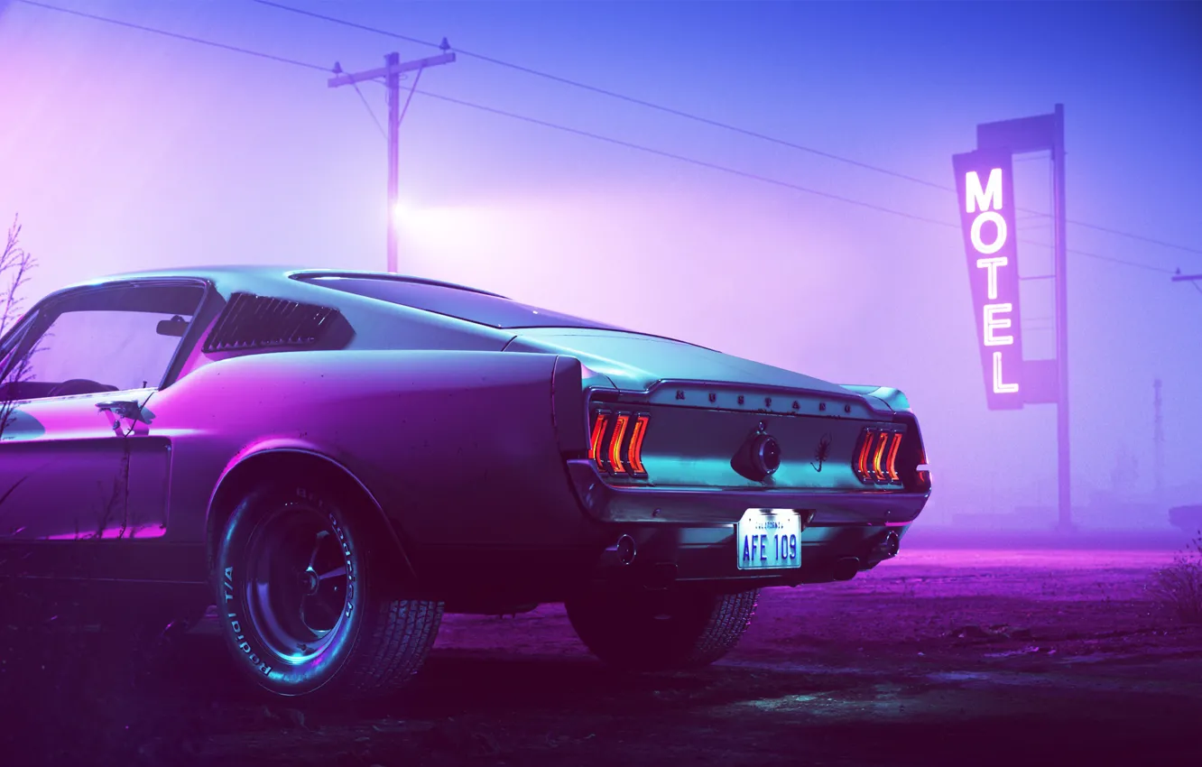 Photo wallpaper 1969, Ford Mustang, Neon, Motel