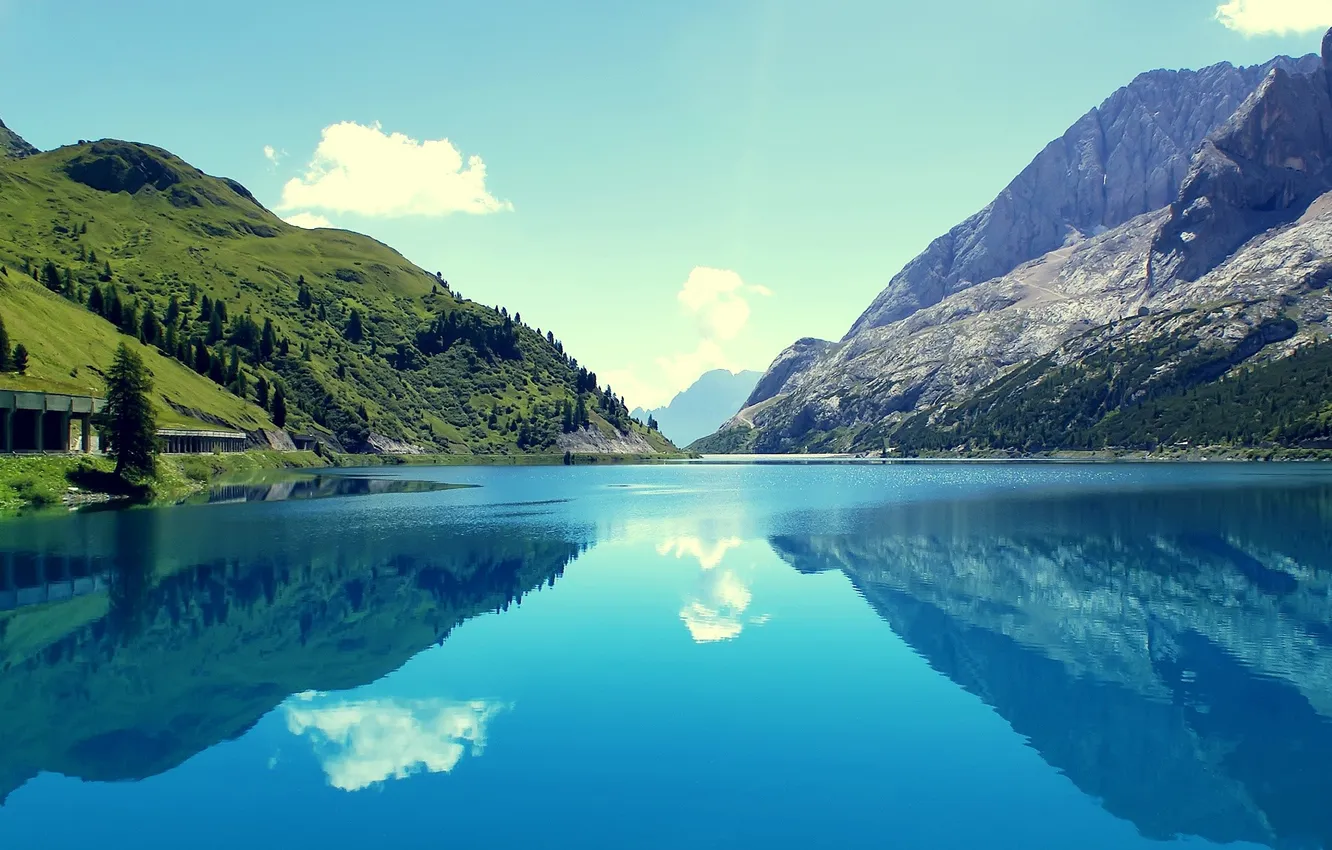 Photo wallpaper clouds, mountains, water surface, mountains, blue sky, blue sky, mountain lake, the beauty of nature