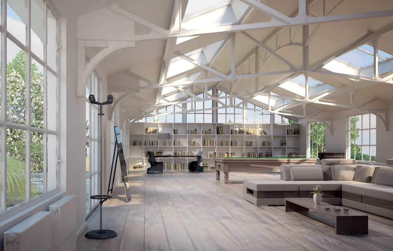 Photo wallpaper design, space, style, room, Villa, interior, Billiards, library