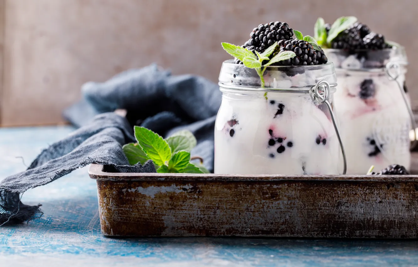 Photo wallpaper berries, jars, BlackBerry, tray, yogurt, Stolyevych Yulia