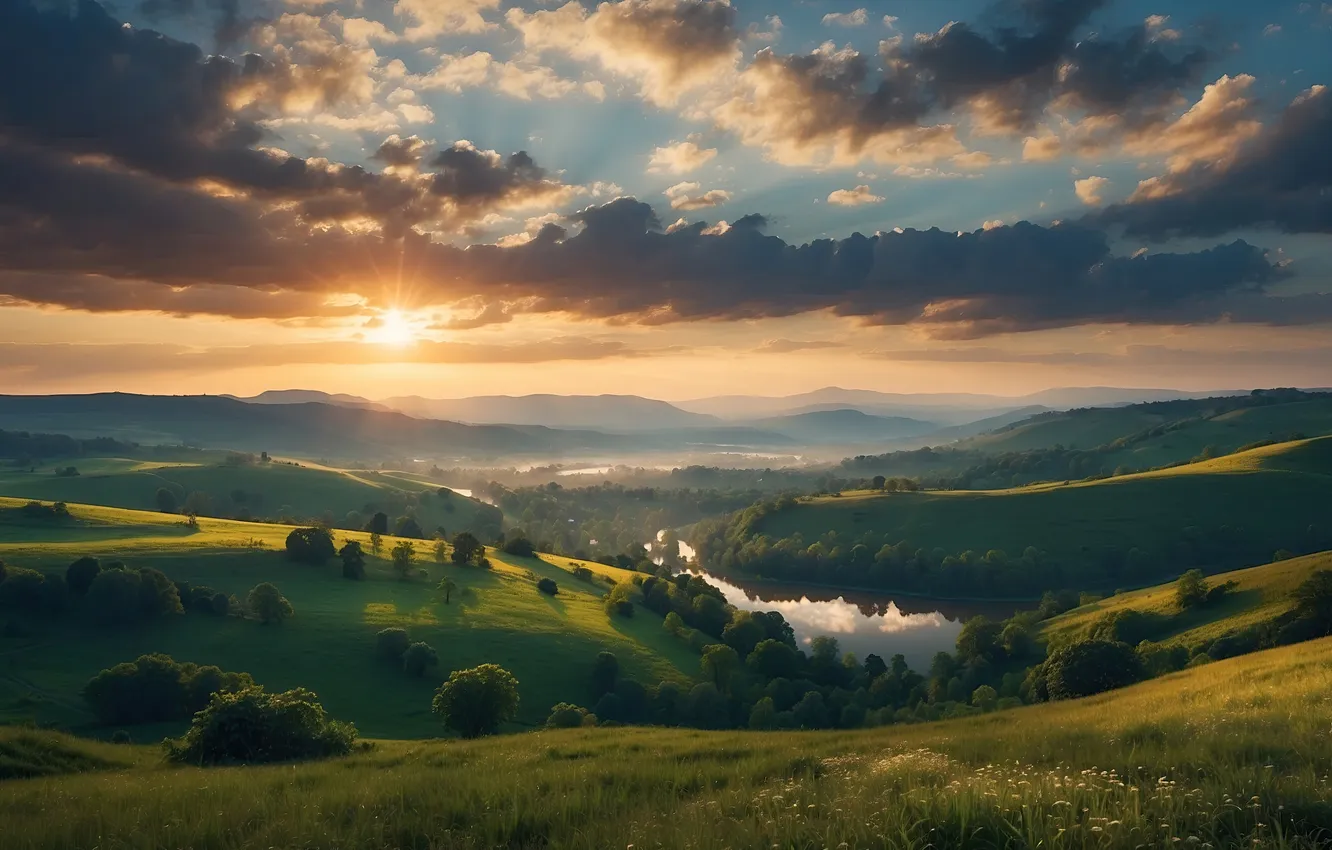Photo wallpaper river, landscape, nature, clouds, hills