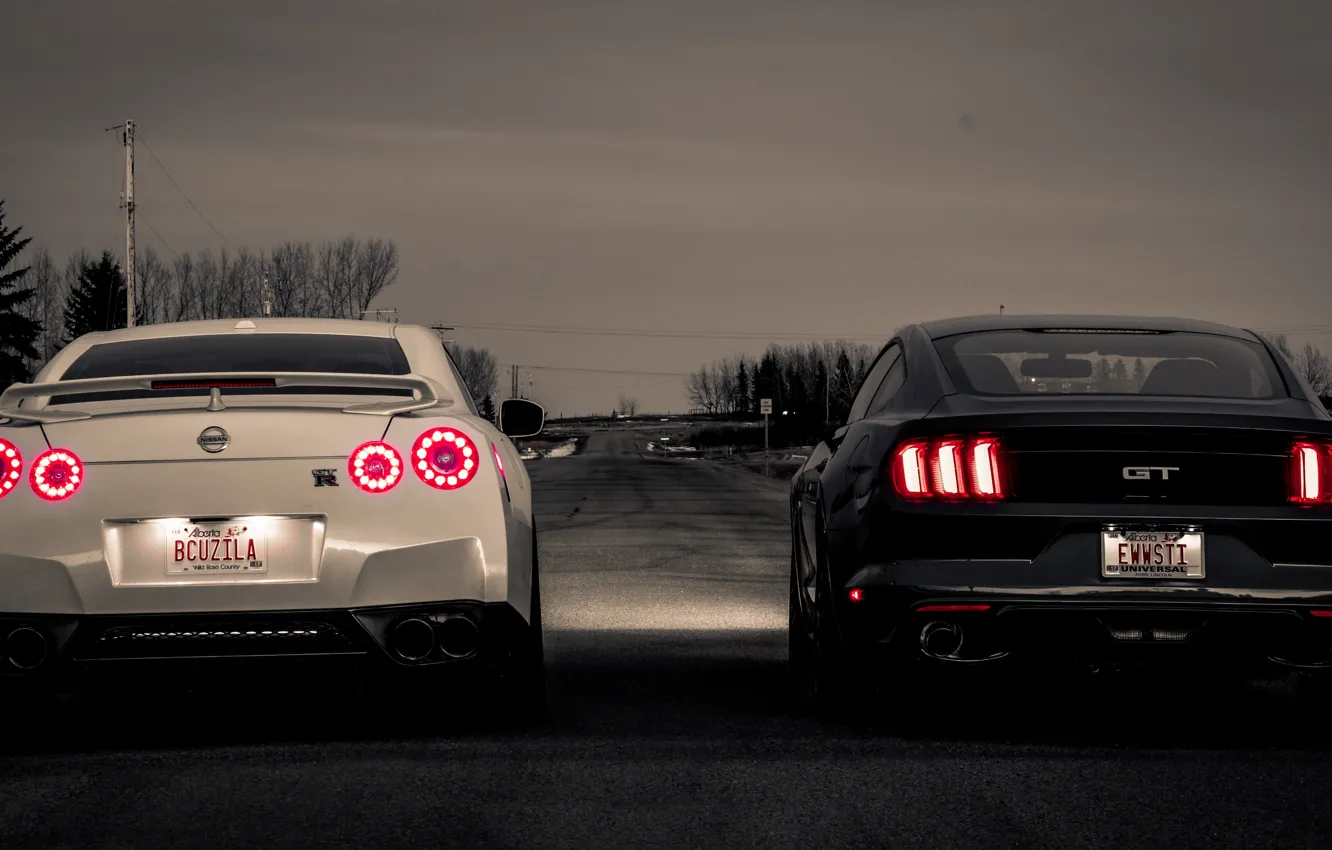 Photo wallpaper Ford, pair, Nissan, GT-R, front view, Mustang GT