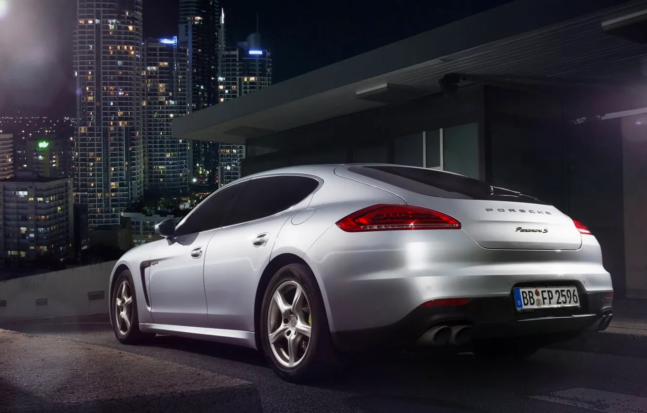 Photo wallpaper Porsche, City, Car, Silver, Rear, Ligth, Nigth, Scape