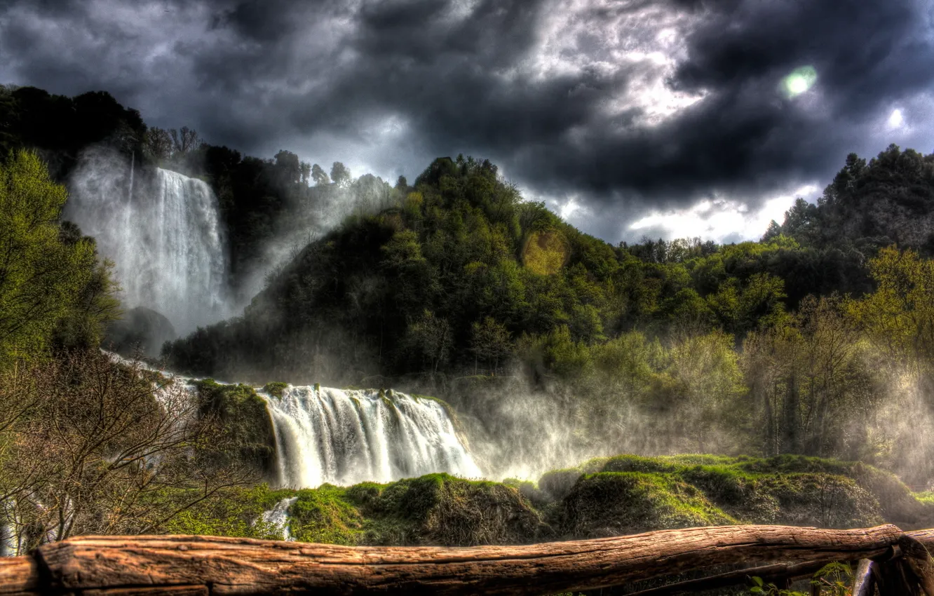 Photo wallpaper the sky, trees, mountains, clouds, rocks, waterfall