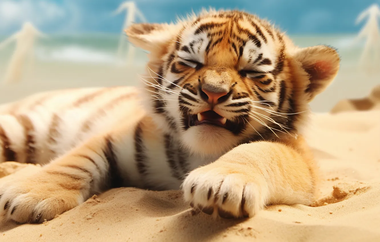 Photo wallpaper tiger, predator, paws, cub, kitty, big cat, digital art, AI art