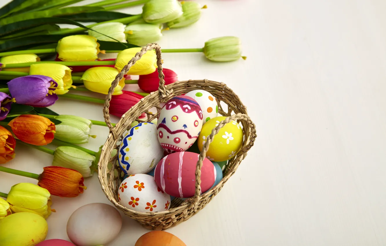 Photo wallpaper flowers, eggs, colors, colorful, Easter, tulips, happy, wood