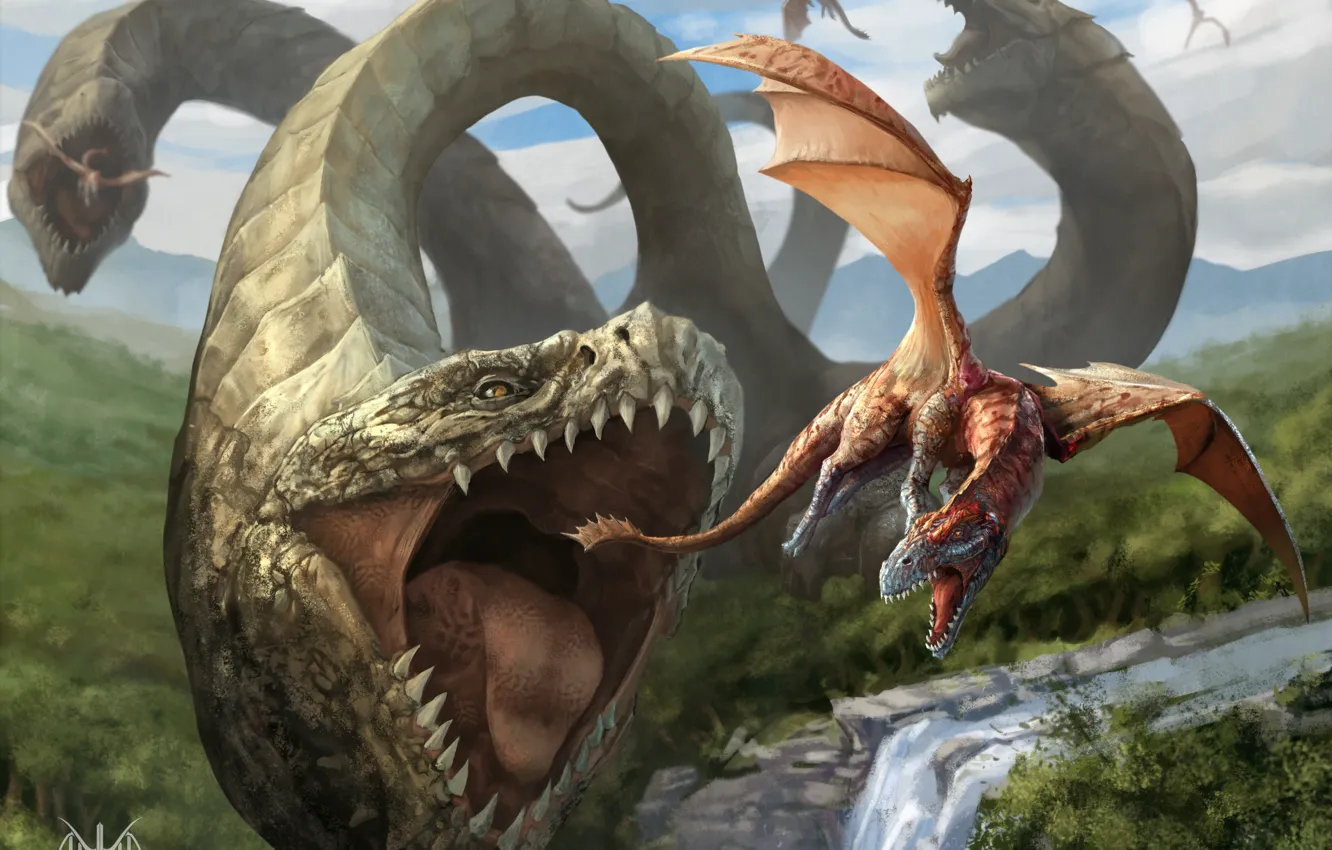 Photo wallpaper flight, river, dragon, waterfall, art, mouth, hunting, triceps