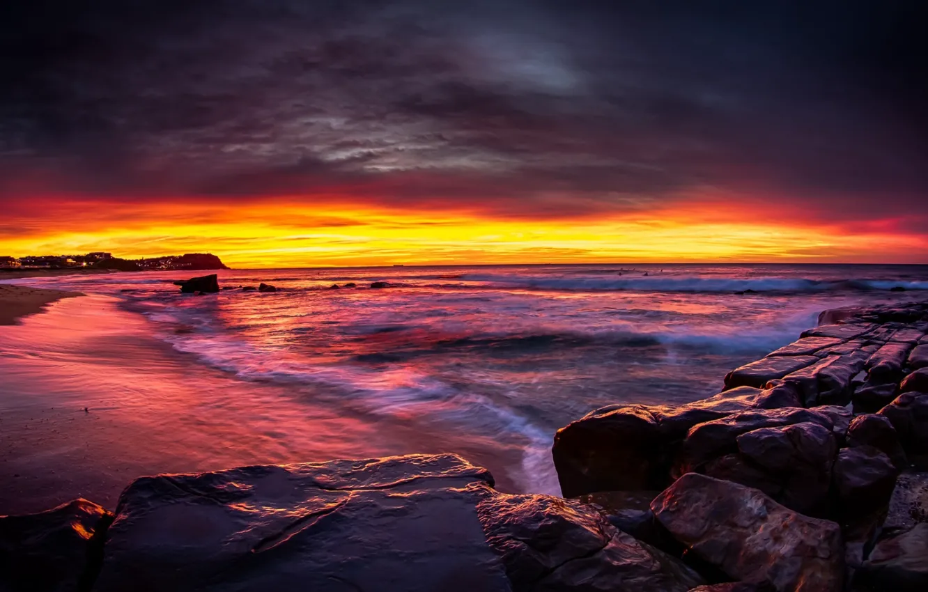 Photo wallpaper sunrise, stones, shore, Australia, Newcastle, New South Wales