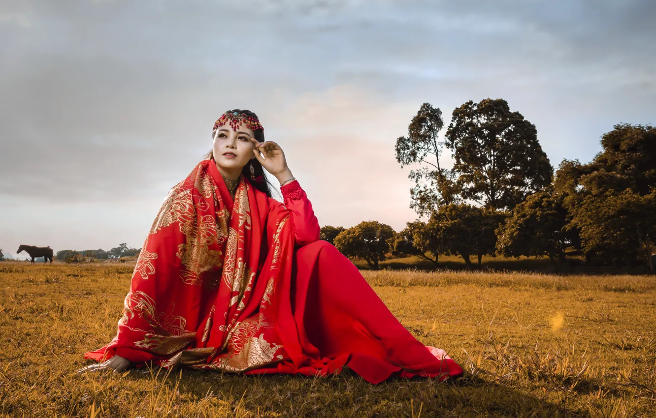 Photo wallpaper grass, Asian, sitting