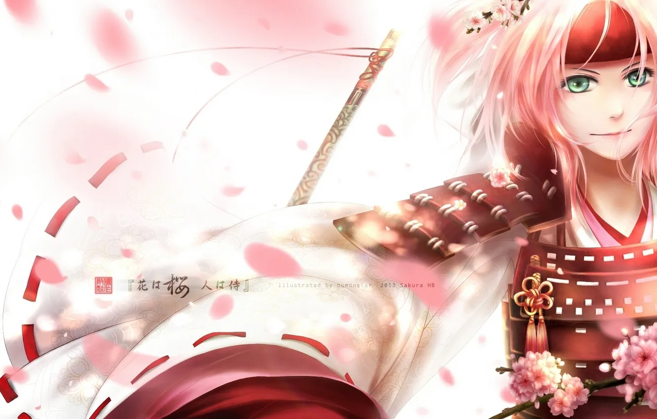 Photo wallpaper girl, flowers, weapons, branch, anime, petals, Sakura, art