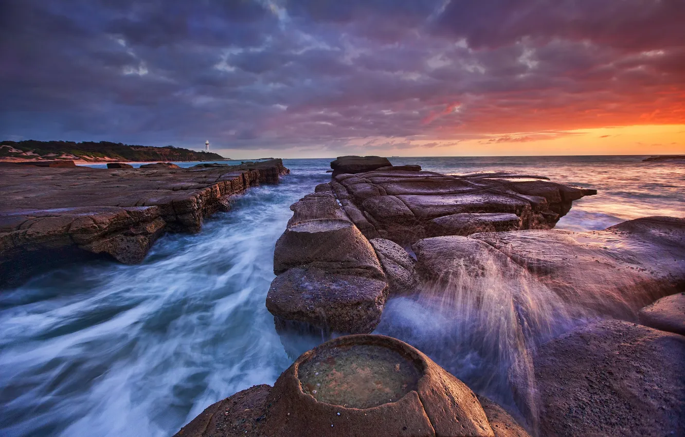 Photo wallpaper squirt, stones, lighthouse, excerpt, Australia, New South Wales