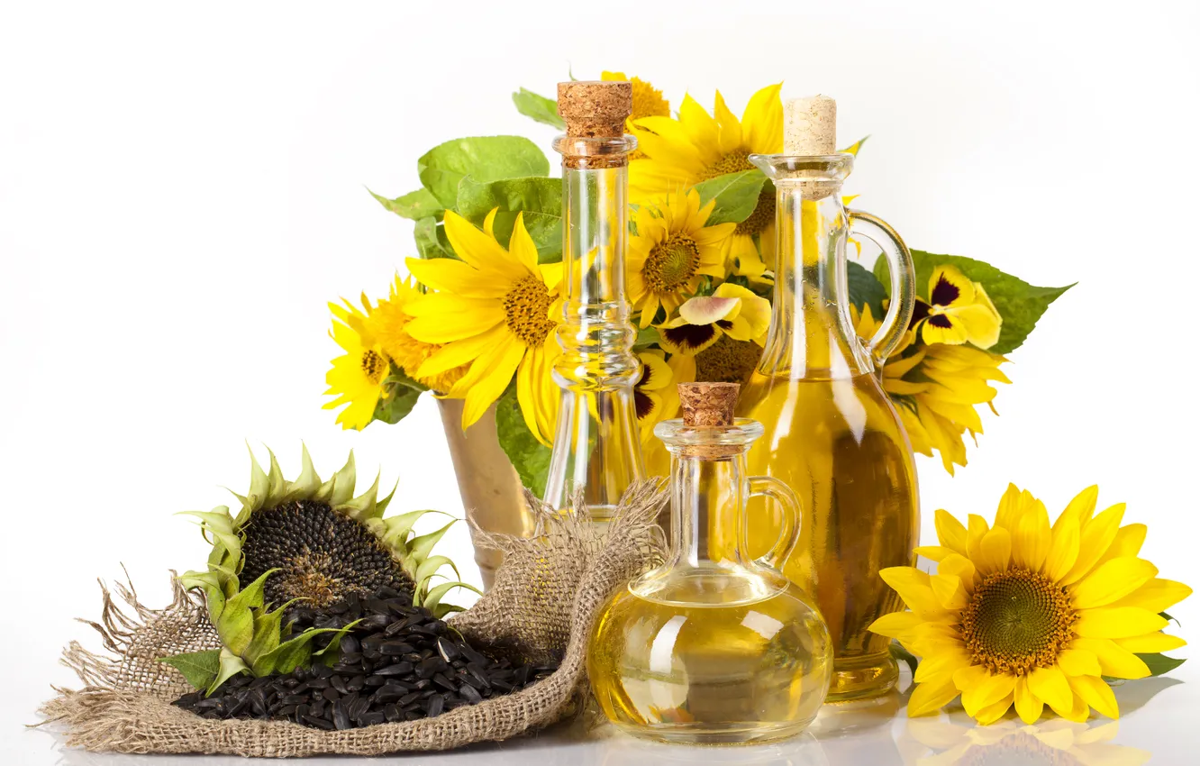 Photo wallpaper sunflowers, oil, tube, seeds, bottle