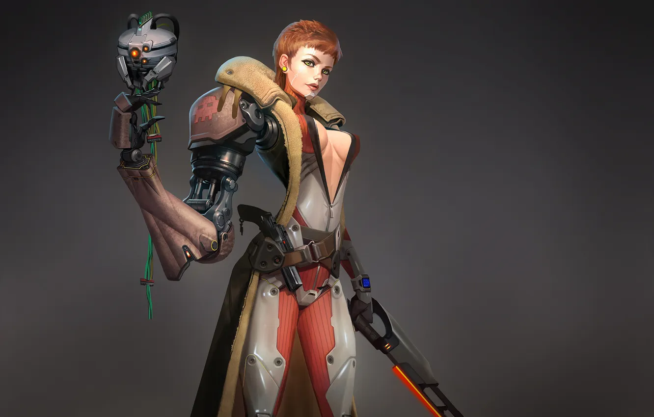 Photo wallpaper girl, gun, minimalism, pirate, costume, grey background, prosthesis, saber