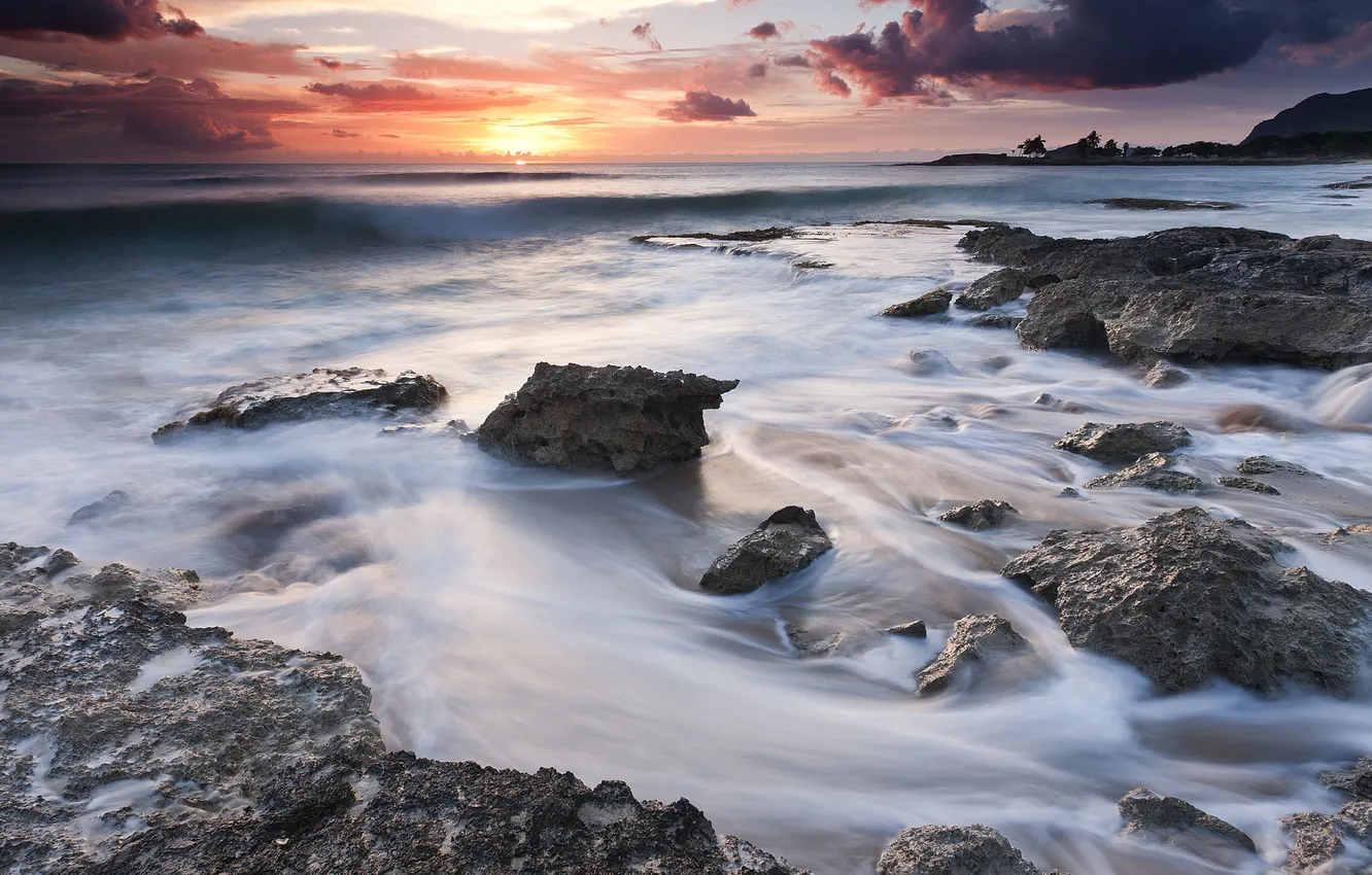 Photo wallpaper sea, wave, the sky, the sun, clouds, sunset, stones, shore