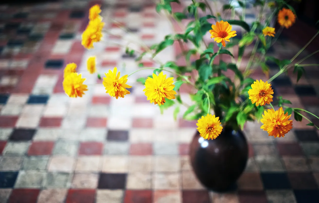 Photo wallpaper leaves, flowers, yellow, vase, orange