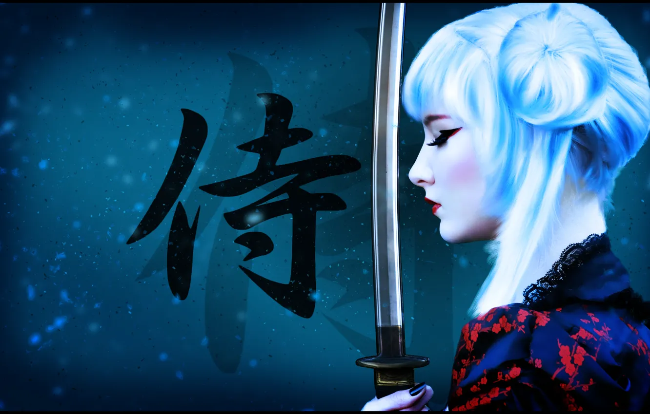 Photo wallpaper girl, weapons, background, figure, sword, katana, makeup, warrior