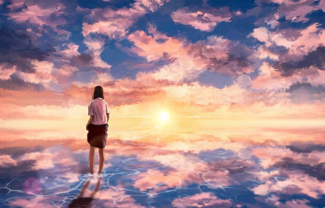 Photo wallpaper sea, the sky, girl, sunset