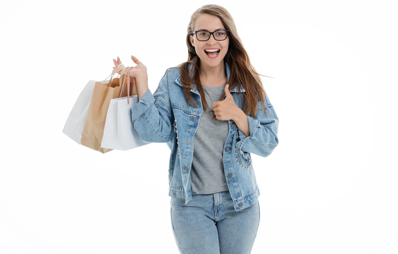 Photo wallpaper girl, joy, glasses, white background, brown hair, purchase, shopping, dzhinsovka