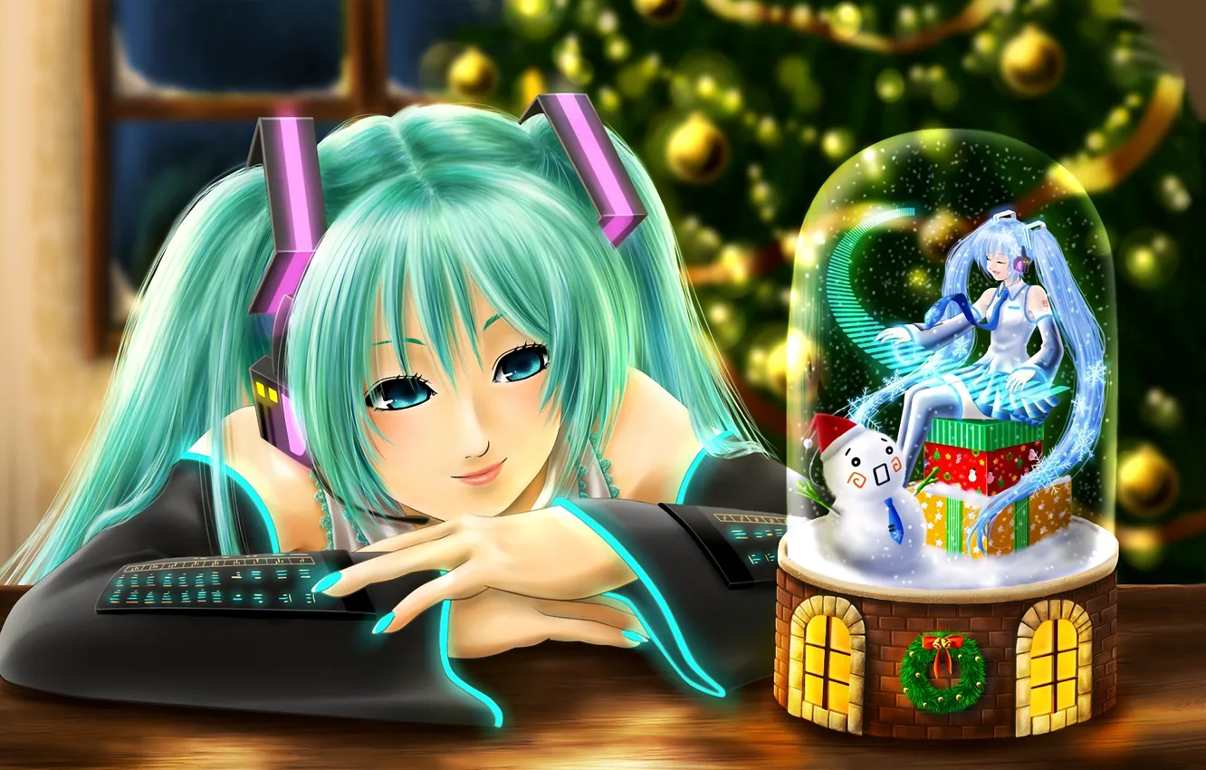 Photo wallpaper girl, snow, tree, new year, spruce, snowman, vocaloid, hatsune miku