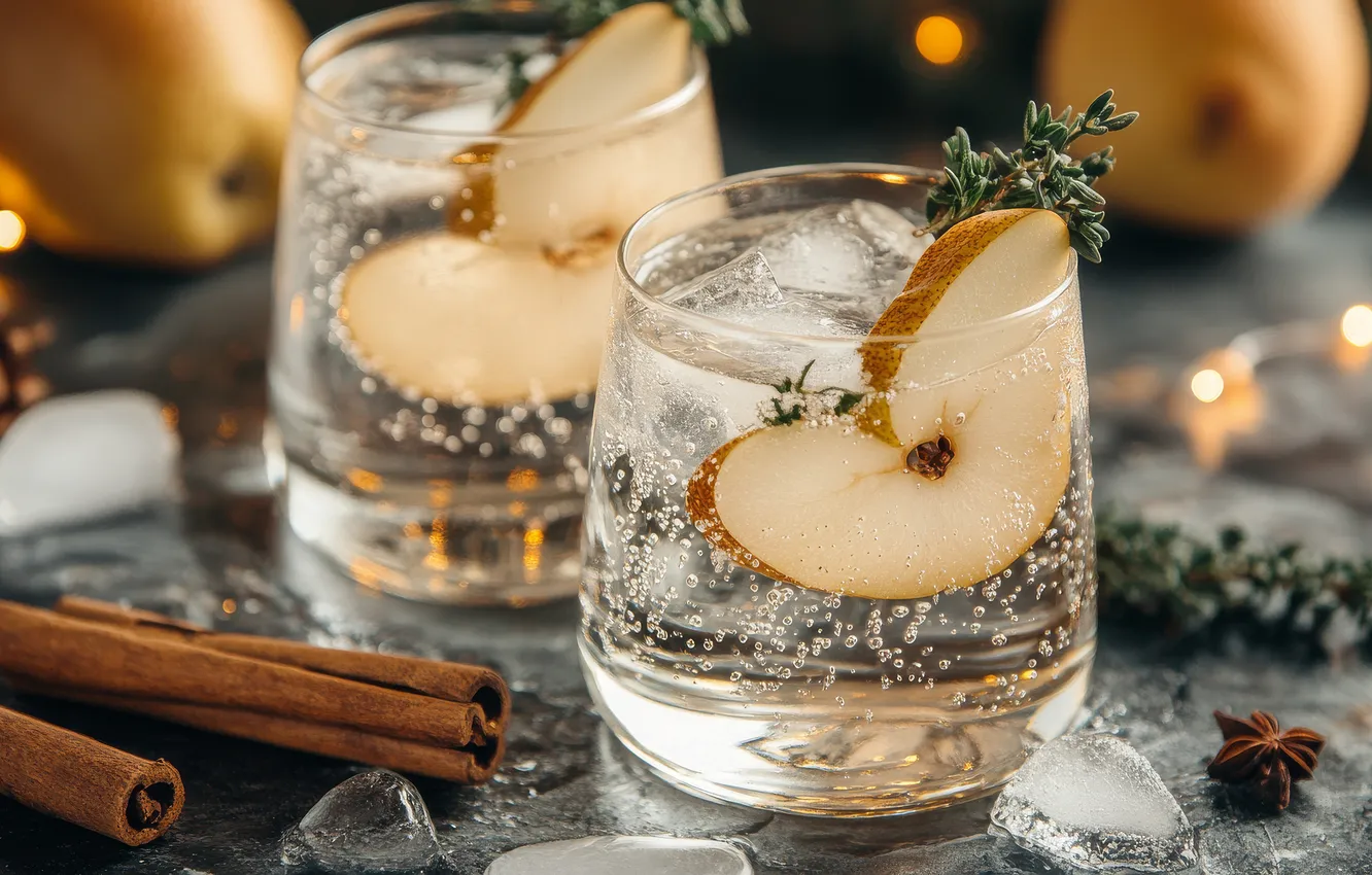 Photo wallpaper glass, drink, cinnamon, pear, AI art, neural network