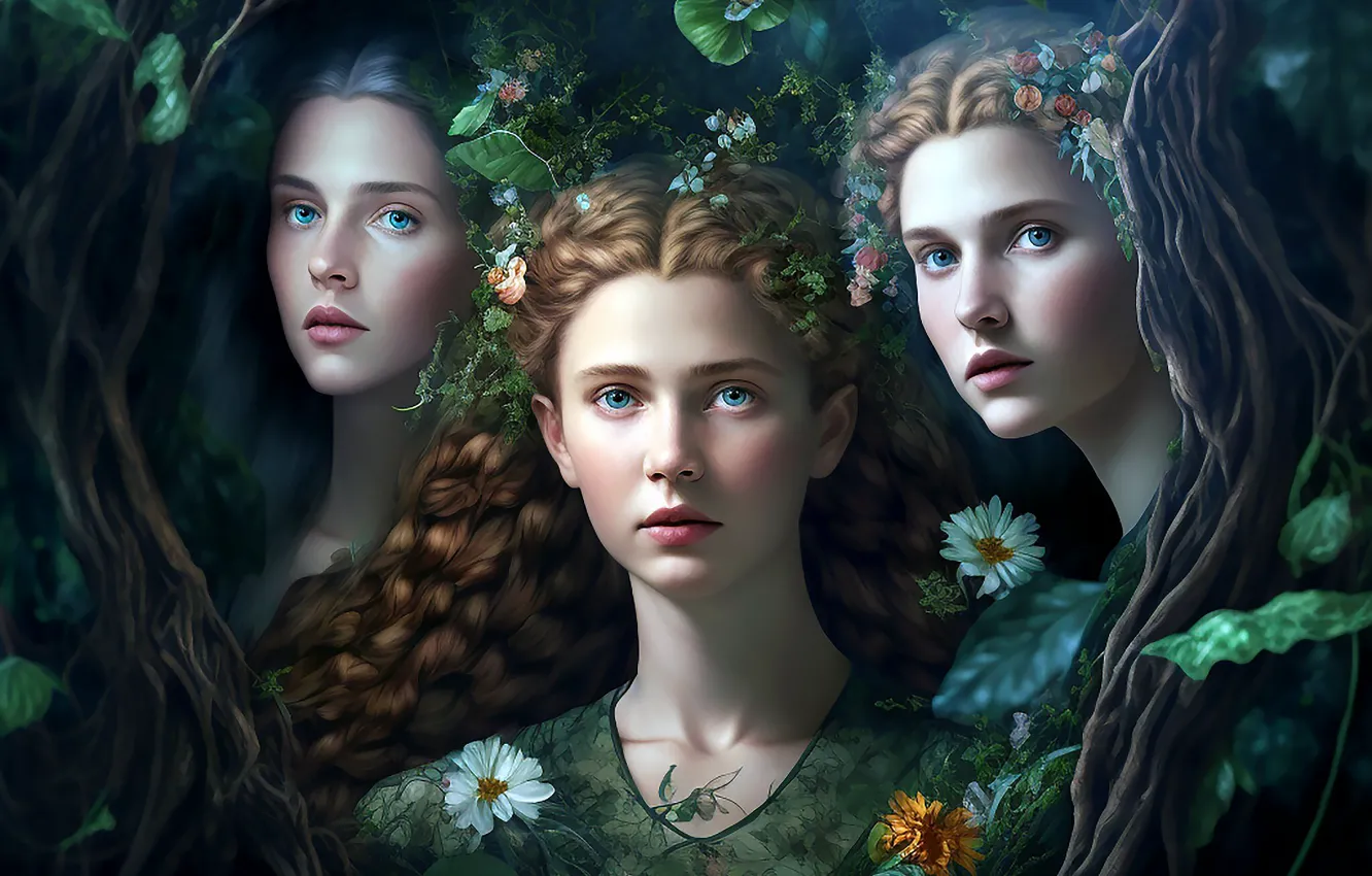 Photo wallpaper look, girl, nature, face, trio, nymph, AI art, The Art of Artificial Intelligence