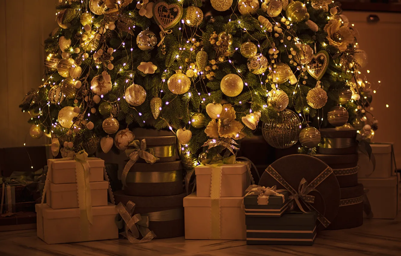 Photo wallpaper room, tree, new year, interior, lights, gifts, garland