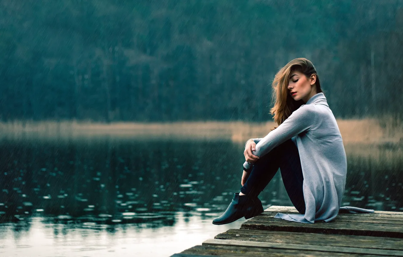 Photo wallpaper forest, river, rain, makeup, pier, hairstyle, shoes, brown hair