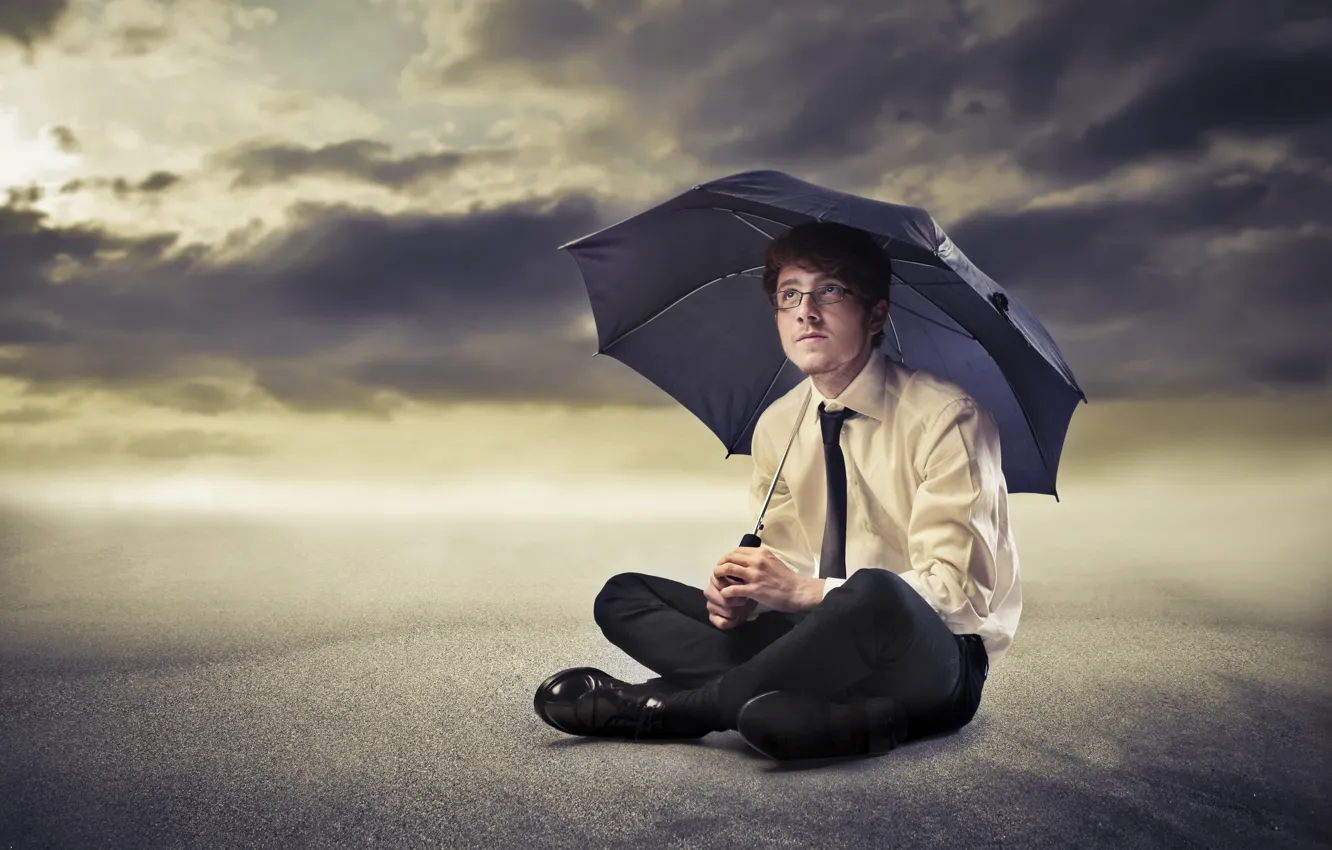 Photo wallpaper sand, umbrella, glasses, tie, male, shirt