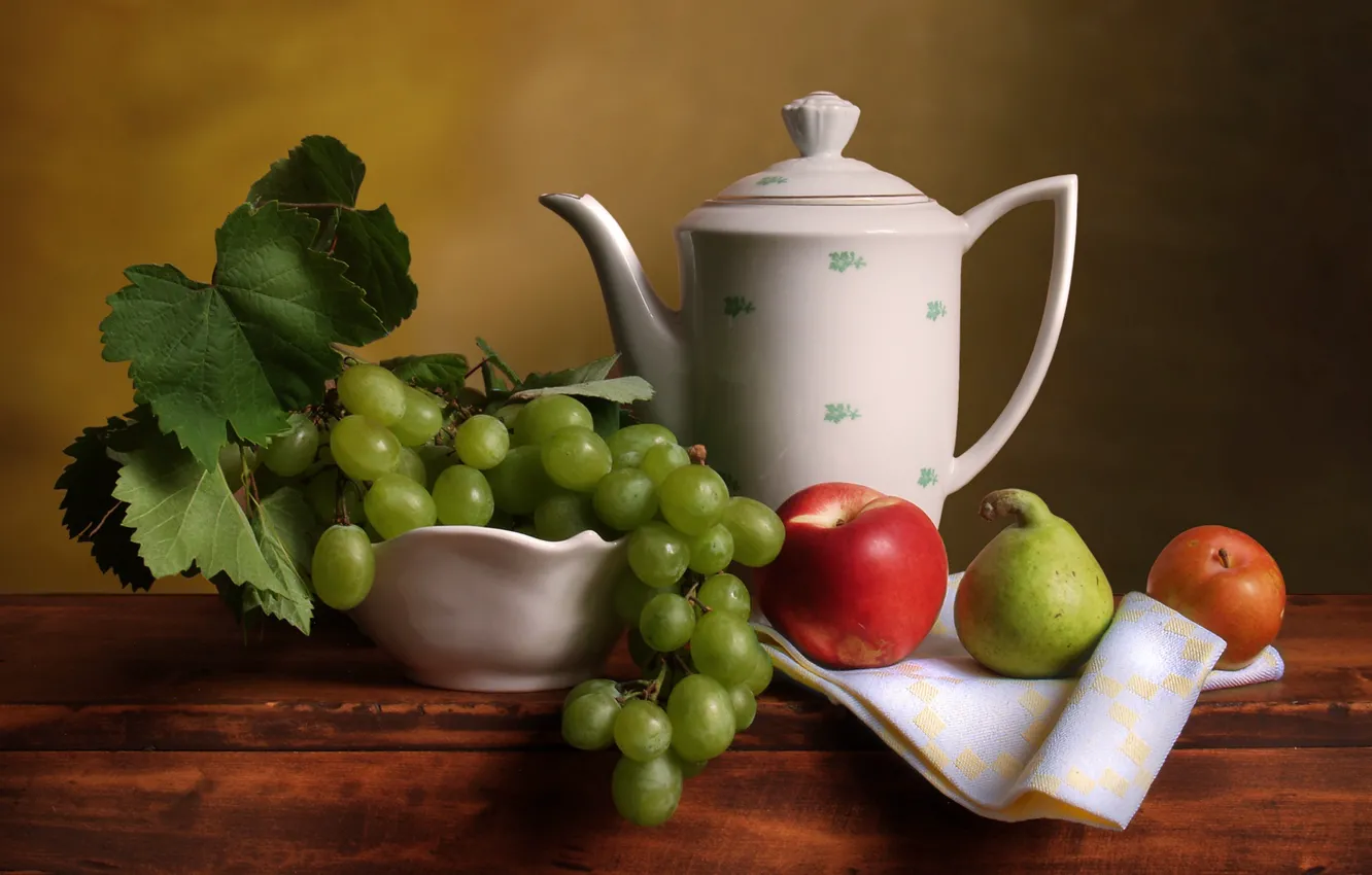 Photo wallpaper Apple, kettle, grapes, pear, still life