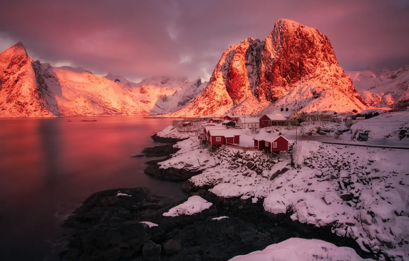 Photo wallpaper winter, the sky, light, snow, sunset, mountains, stones, rocks
