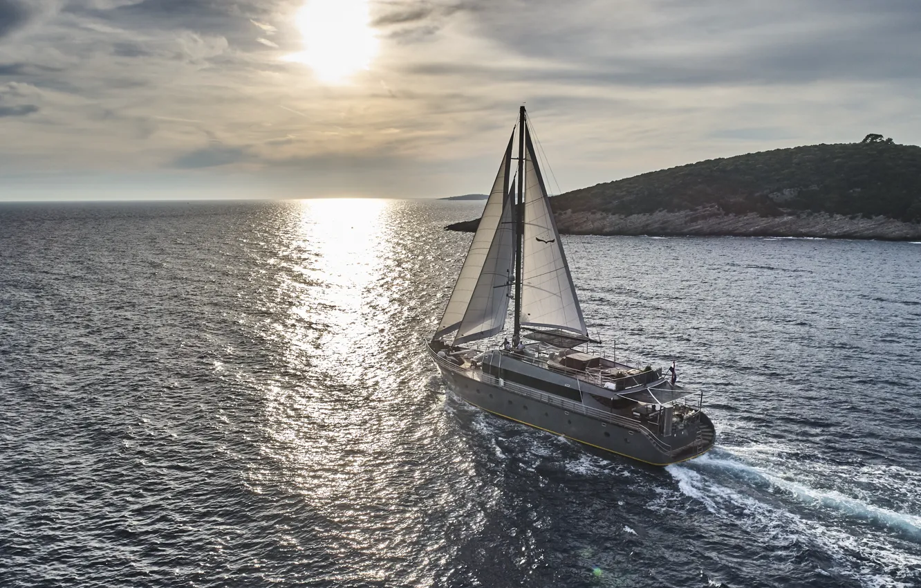 Photo wallpaper sea, the sky, the sun, reflection, the way, coast, yacht, sail