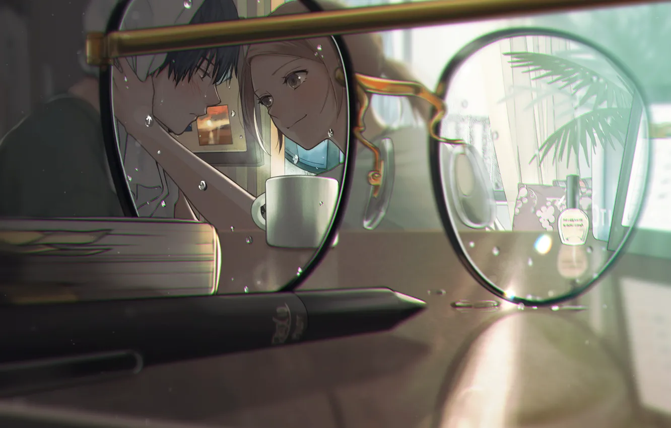 Photo wallpaper glasses, water drops, on the table, almost kiss, the guy with the girl, the reflection …