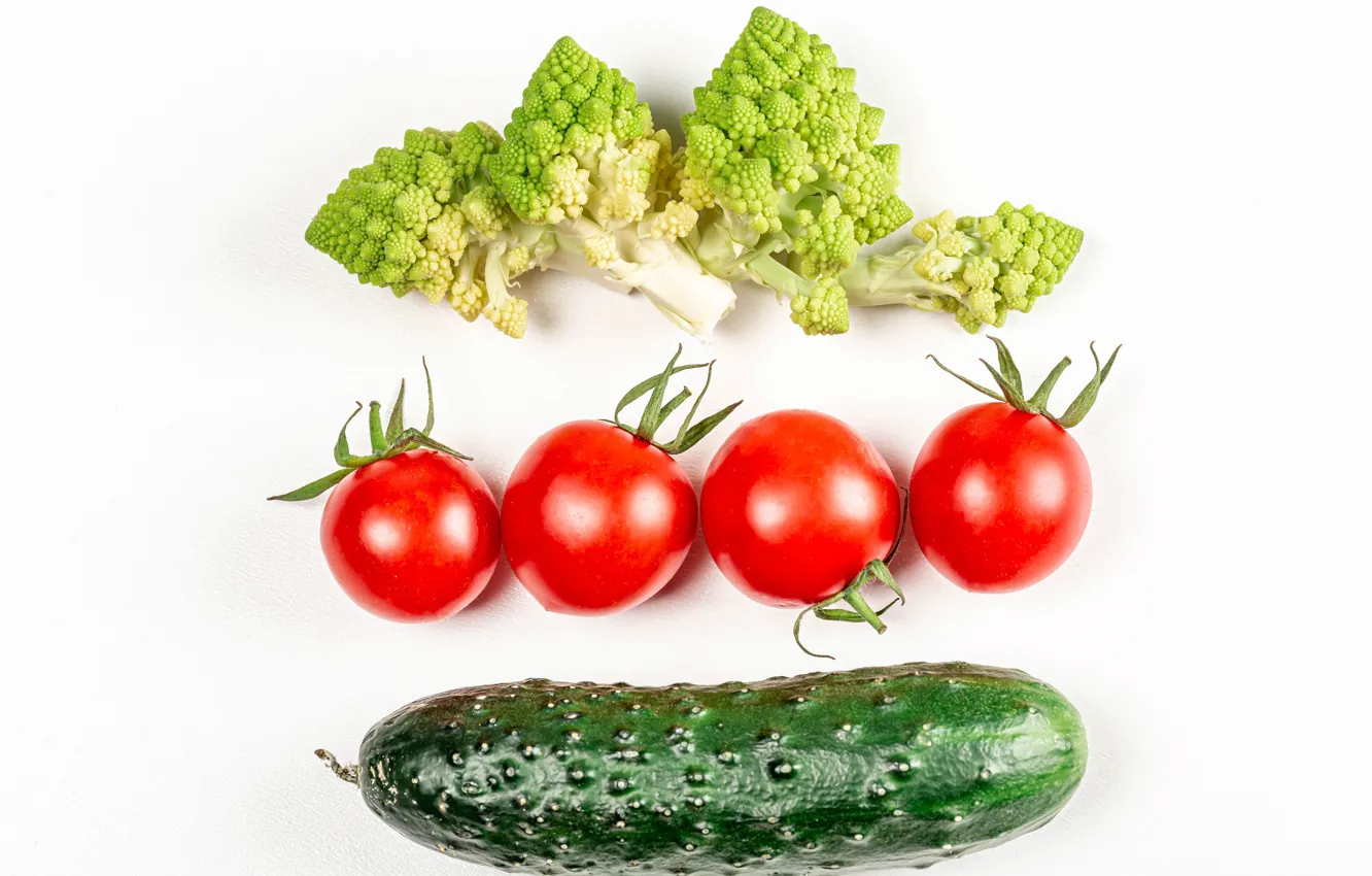 Photo wallpaper cucumber, white background, vegetables, tomatoes, broccoli