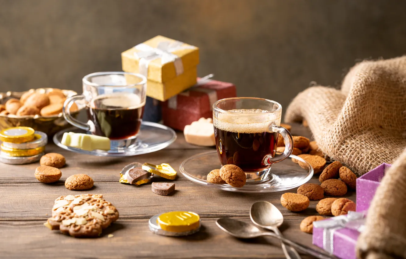 Photo wallpaper coffee, cookies, candy, Cup, gifts, saucers, oat, Iryna Melnyk