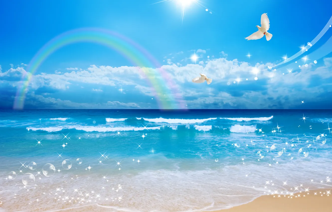 Photo wallpaper sand, sea, wave, the sky, the sun, clouds, flight, landscape