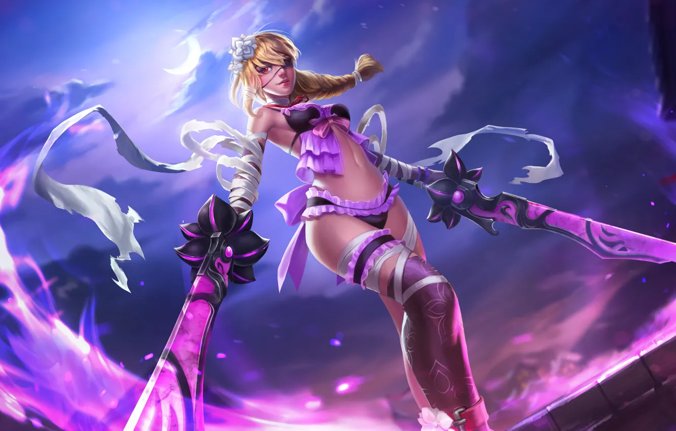 Photo wallpaper chest, look, girl, body, sword, blonde, headband, Heroes of Newerth